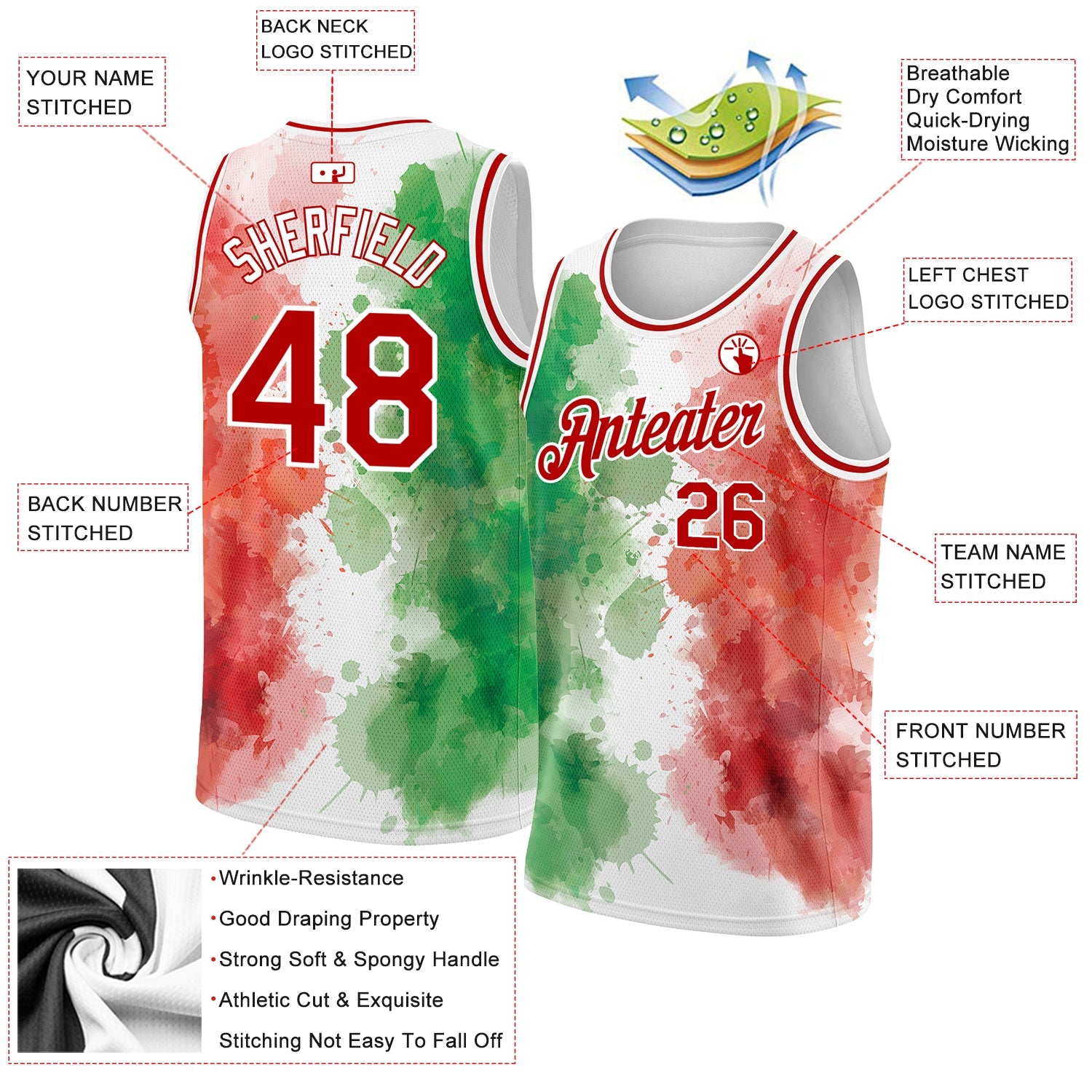 Custom Kelly Green Red-White 3D Mexico Watercolored Splashes Grunge Design Authentic Basketball Jersey view 2