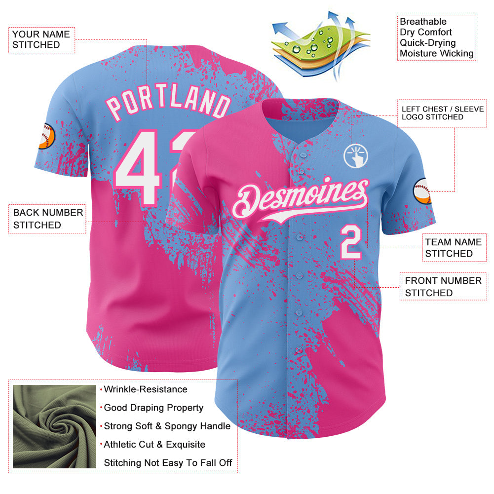 Custom Light Blue White-Pink Abstract Brush Stroke Authentic Baseball Jersey view 3