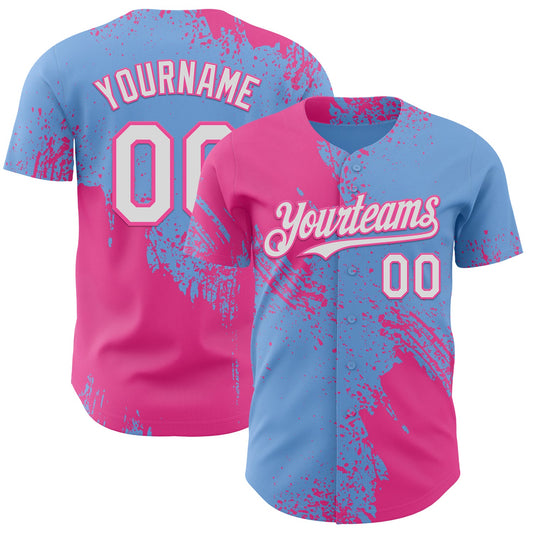 Custom Light Blue White-Pink Abstract Brush Stroke Authentic Baseball Jersey - Main View