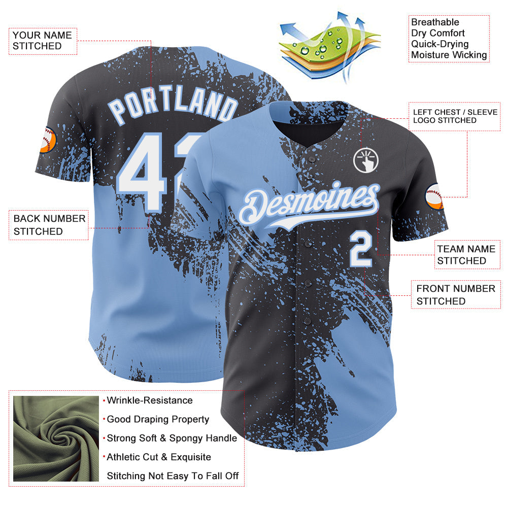 Custom Steel Gray White-Light Blue Abstract Brush Stroke Authentic Baseball Jersey view 3