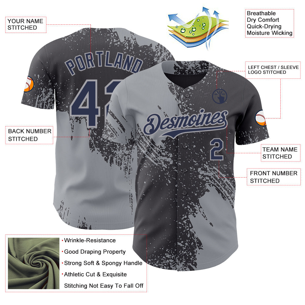 Custom Steel Gray Navy-Gray Abstract Brush Stroke Authentic Baseball Jersey view 3