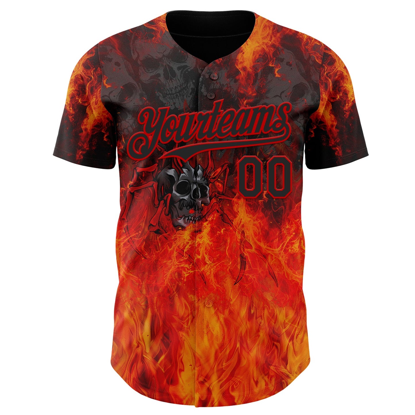 Custom Black-Red Flames Skull Authentic Baseball Jersey view 2
