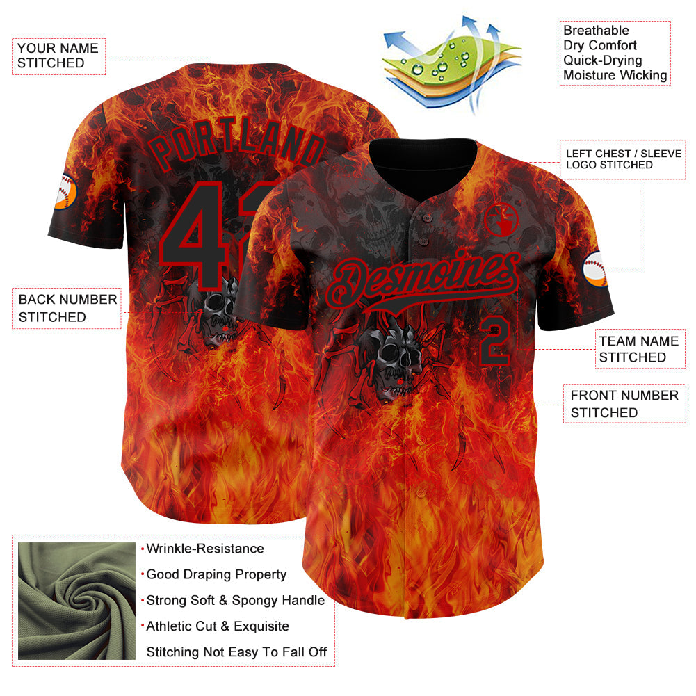 Custom Black-Red Flames Skull Authentic Baseball Jersey view 3