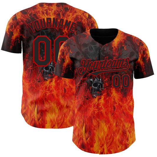 Custom Black-Red Flames Skull Authentic Baseball Jersey - Main View