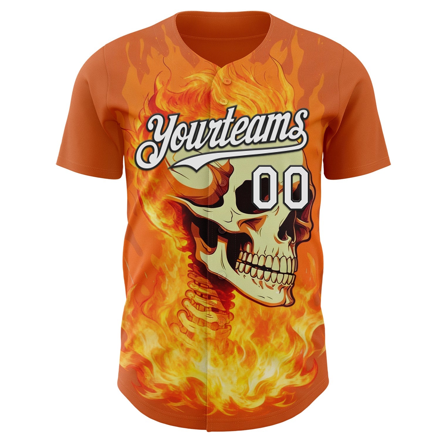 Custom Orange White-Black Flames Skull Authentic Baseball Jersey view 2