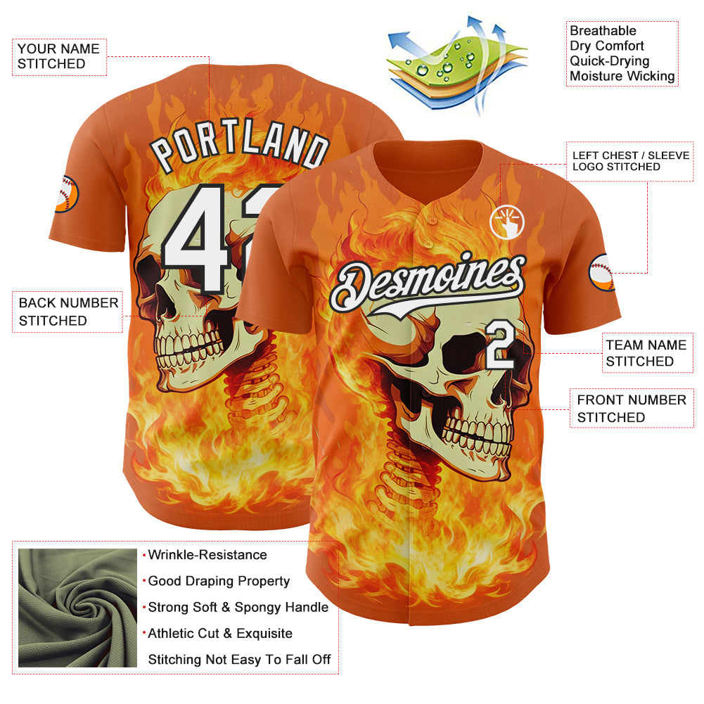 Custom Orange White-Black Flames Skull Authentic Baseball Jersey view 3
