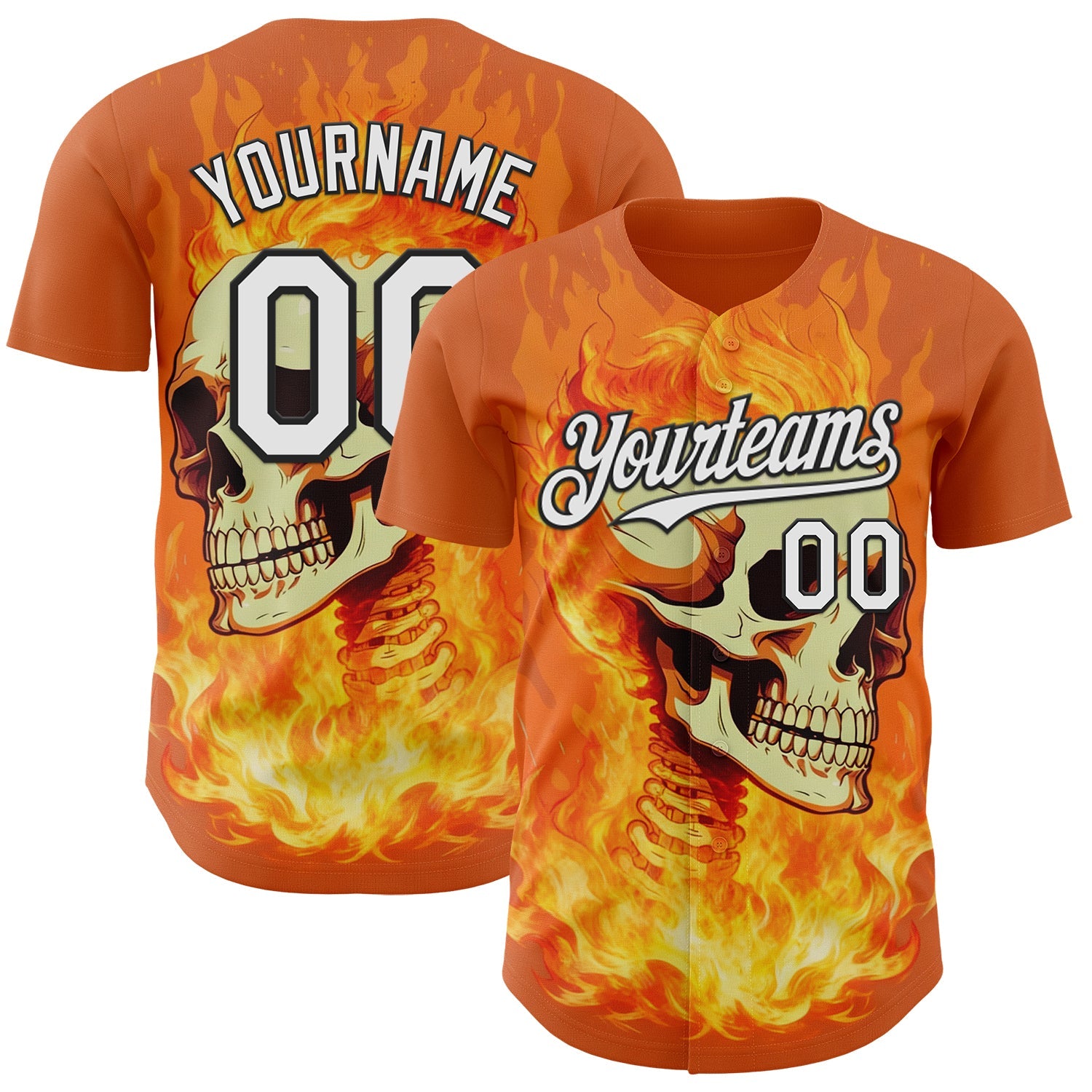 Custom Orange White-Black Flames Skull Authentic Baseball Jersey - Main View