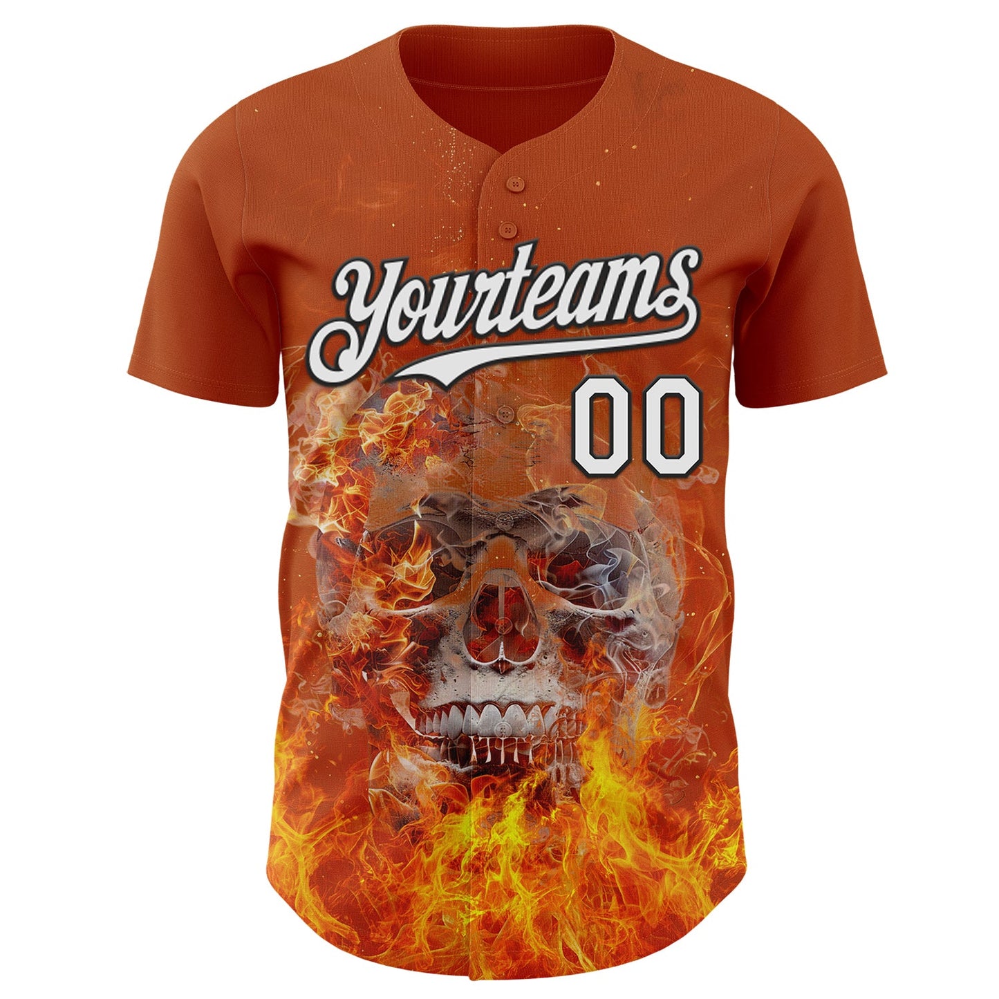 Custom Texas Orange White-Black Flames Skull Authentic Baseball Jersey view 2