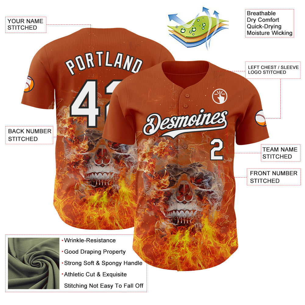 Custom Texas Orange White-Black Flames Skull Authentic Baseball Jersey view 3