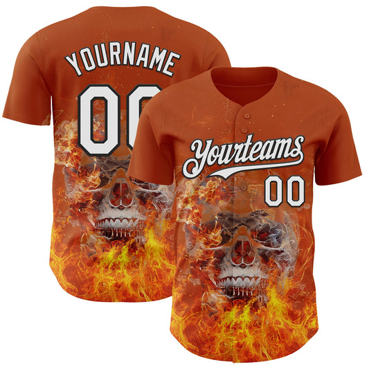 Custom Texas Orange White-Black Flames Skull Authentic Baseball Jersey - Main View