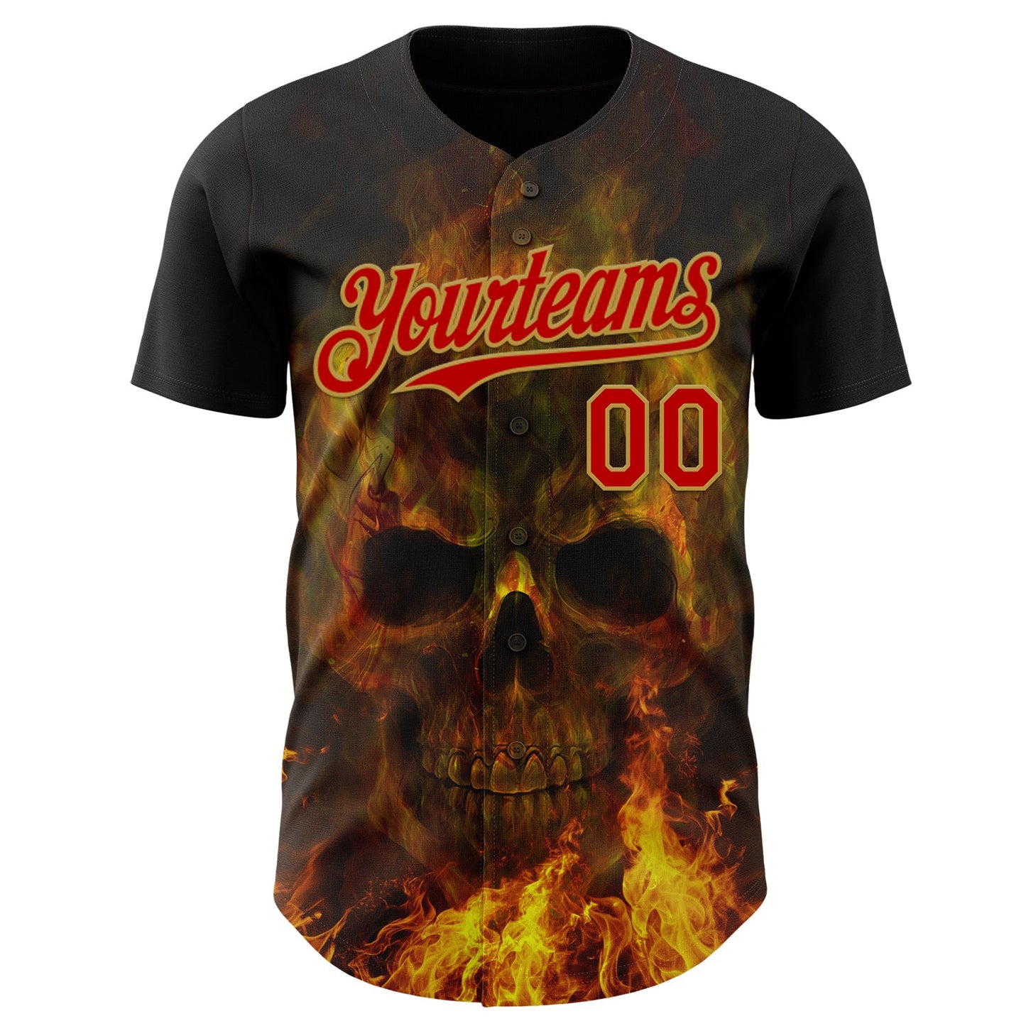 Custom Black Red-Old Gold Flames Skull Authentic Baseball Jersey view 2
