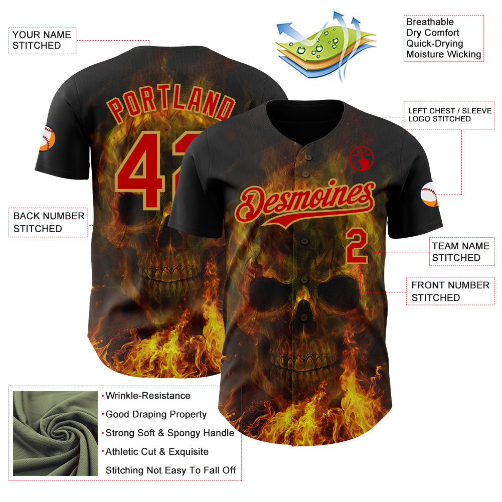 Custom Black Red-Old Gold Flames Skull Authentic Baseball Jersey view 3