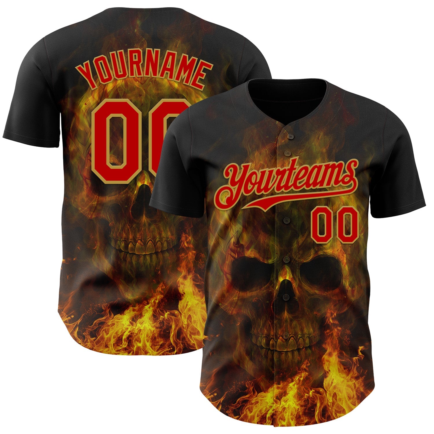 Custom Black Red-Old Gold Flames Skull Authentic Baseball Jersey - Main View