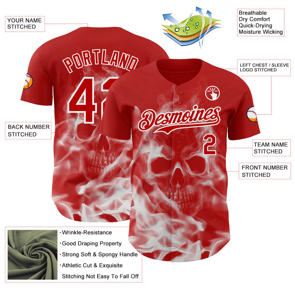 Custom Red-White Flames Skull Smoke Authentic Baseball Jersey view 3