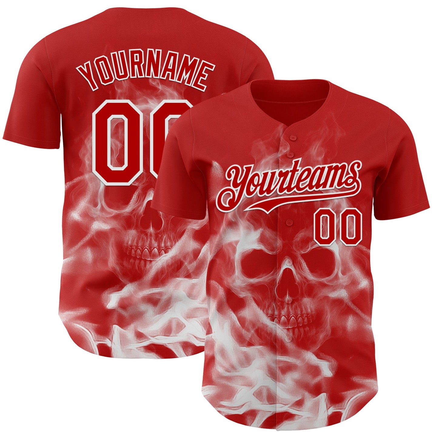 Custom Red-White Flames Skull Smoke Authentic Baseball Jersey - Main View