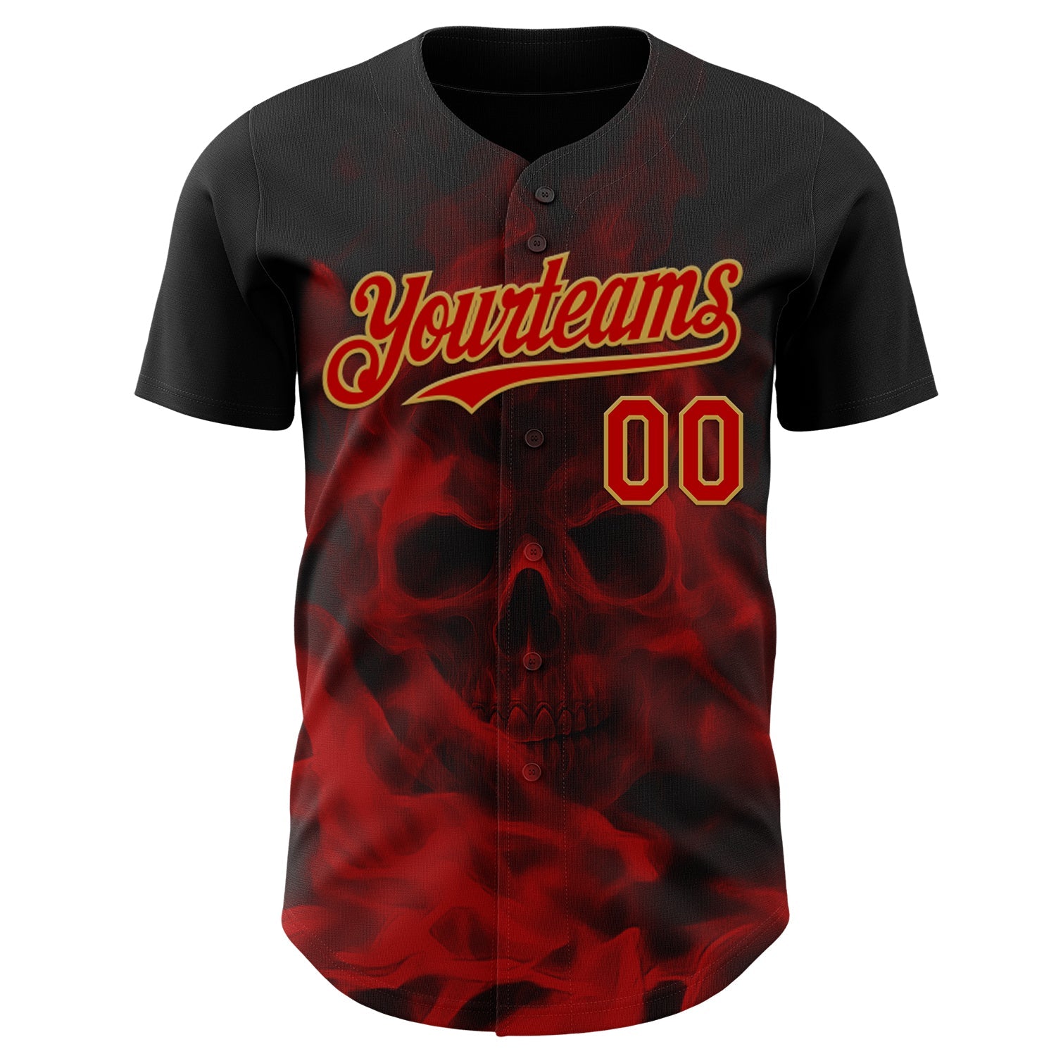 Custom Black Red-Old Gold Flames Skull Smoke Authentic Baseball Jersey view 2