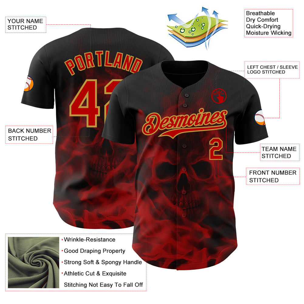 Custom Black Red-Old Gold Flames Skull Smoke Authentic Baseball Jersey view 3