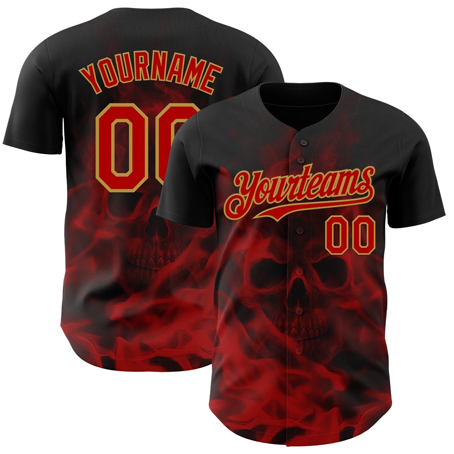 Custom Black Red-Old Gold Flames Skull Smoke Authentic Baseball Jersey - Main View