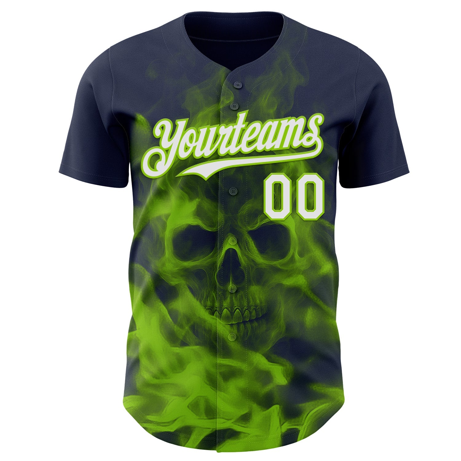 Custom Navy White-Neon Green Flames Skull Smoke Authentic Baseball Jersey view 2