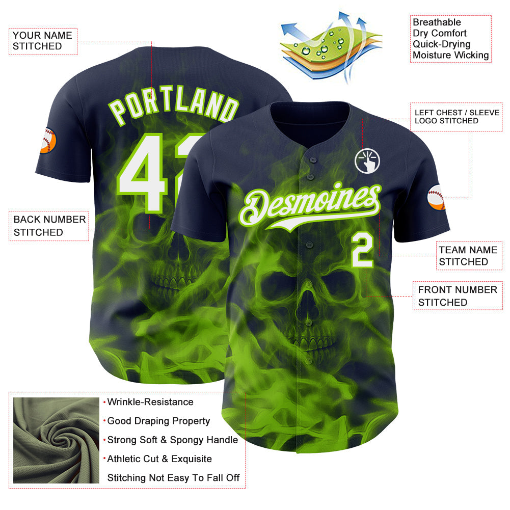 Custom Navy White-Neon Green Flames Skull Smoke Authentic Baseball Jersey view 3