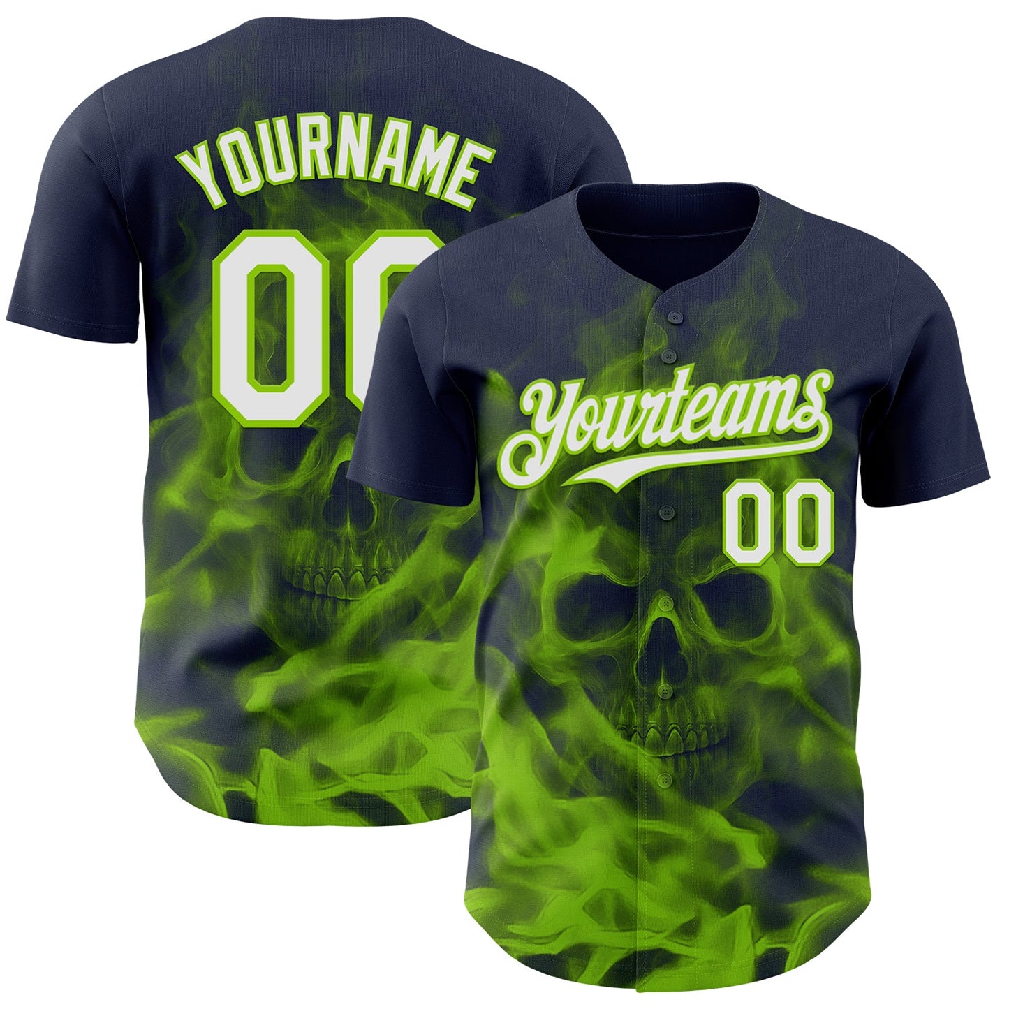 Custom Navy White-Neon Green Flames Skull Smoke Authentic Baseball Jersey - Main View