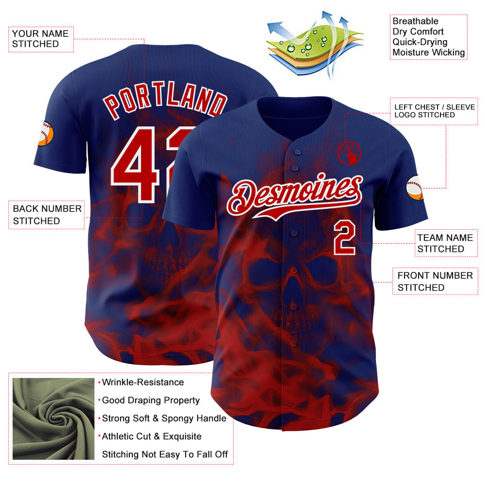 Custom Royal Red-White Flames Skull Smoke Authentic Baseball Jersey view 3