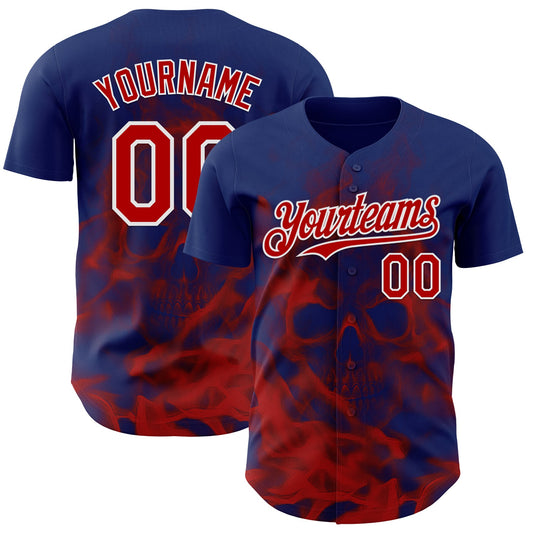 Custom Royal Red-White Flames Skull Smoke Authentic Baseball Jersey - Main View