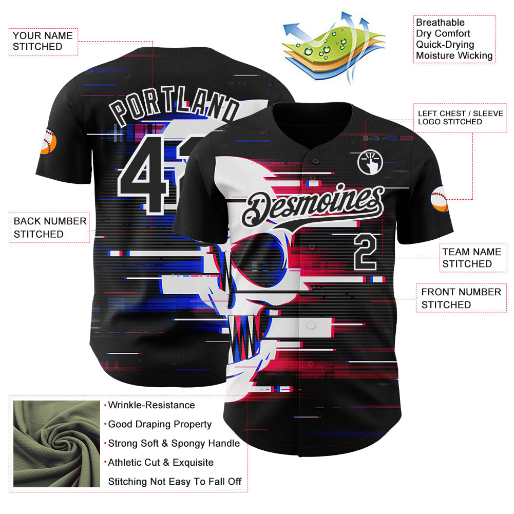 Custom Black-White Skull Authentic Baseball Jersey view 3