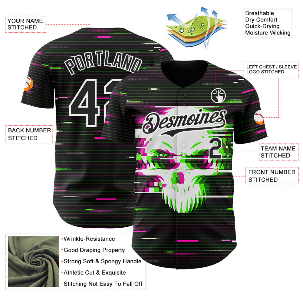 Custom Black-White Skull Authentic Baseball Jersey view 3