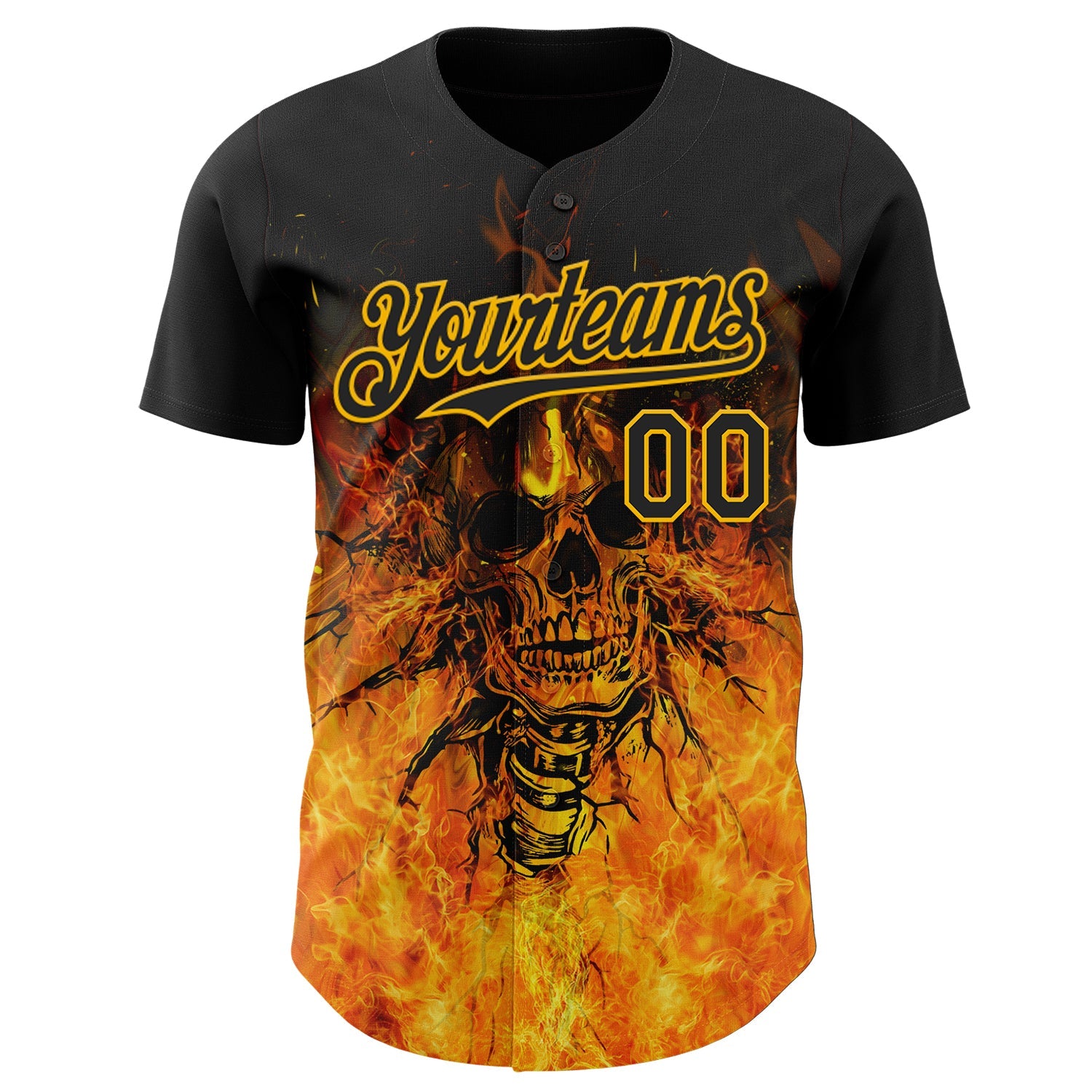Custom Black-Gold Flames Skull Authentic Baseball Jersey view 2