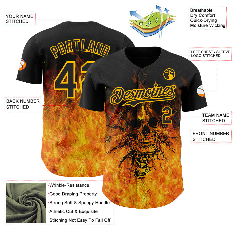 Custom Black-Gold Flames Skull Authentic Baseball Jersey view 3