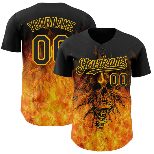Custom Black-Gold Flames Skull Authentic Baseball Jersey - Main View