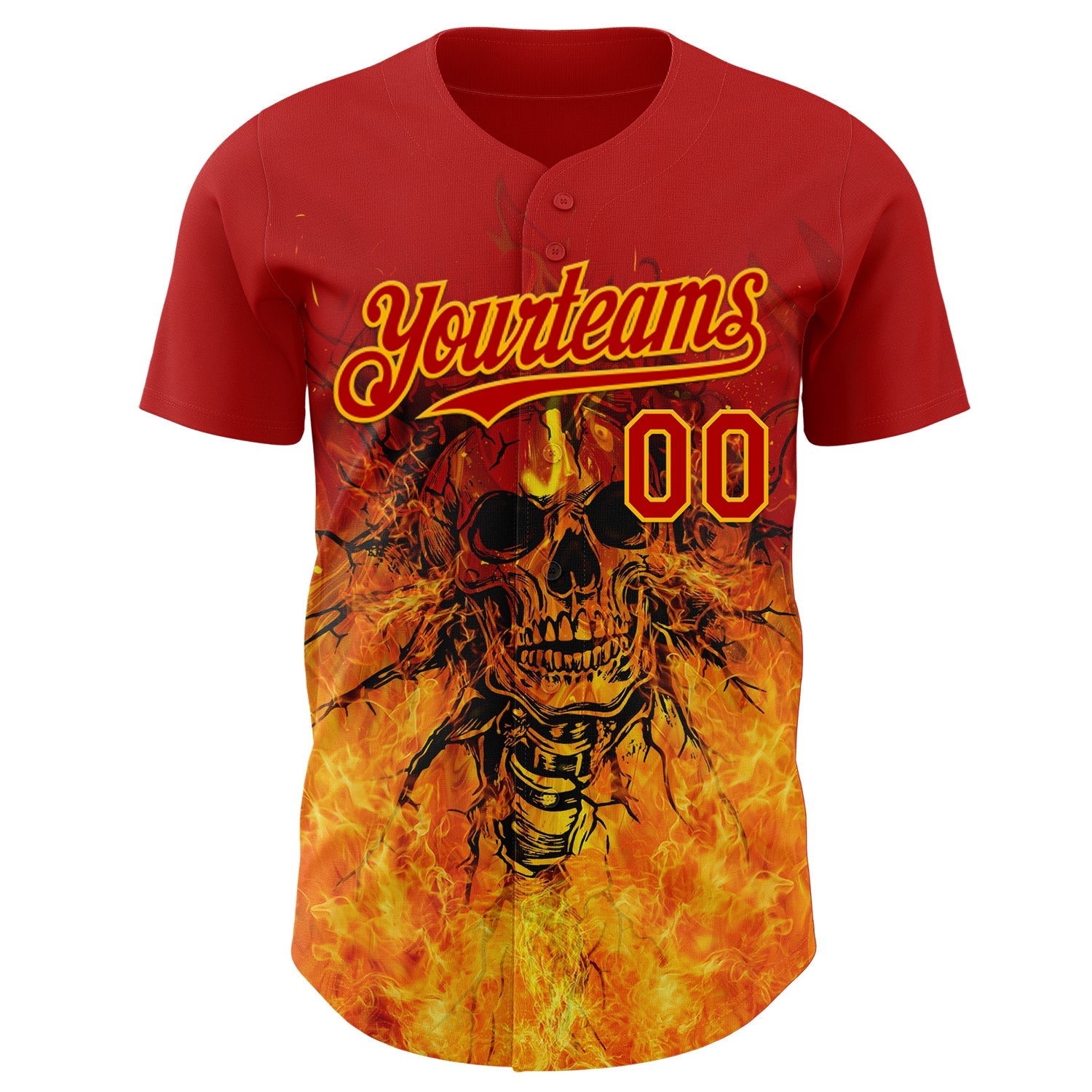 Custom Red-Gold Flames Skull Authentic Baseball Jersey view 2