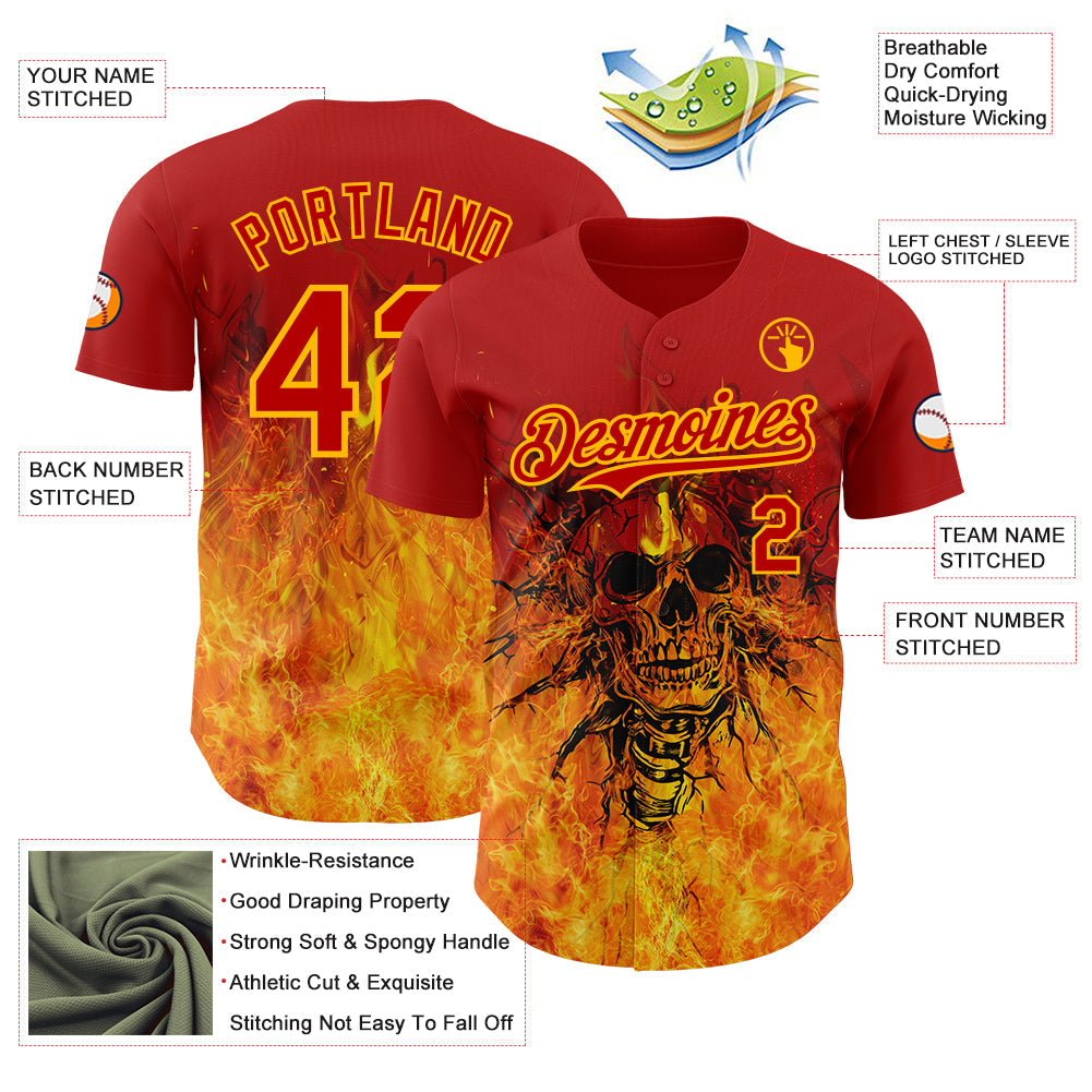 Custom Red-Gold Flames Skull Authentic Baseball Jersey view 3