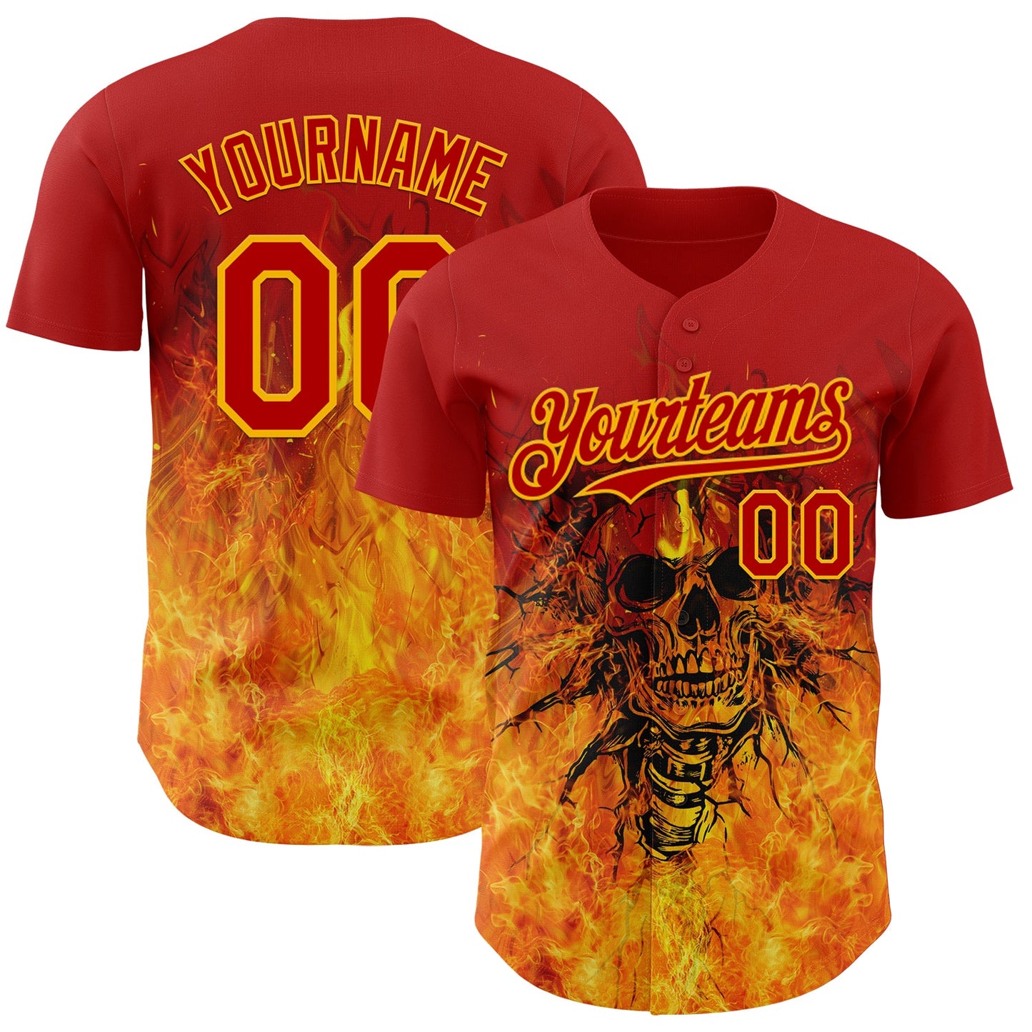 Custom Red-Gold Flames Skull Authentic Baseball Jersey - Main View