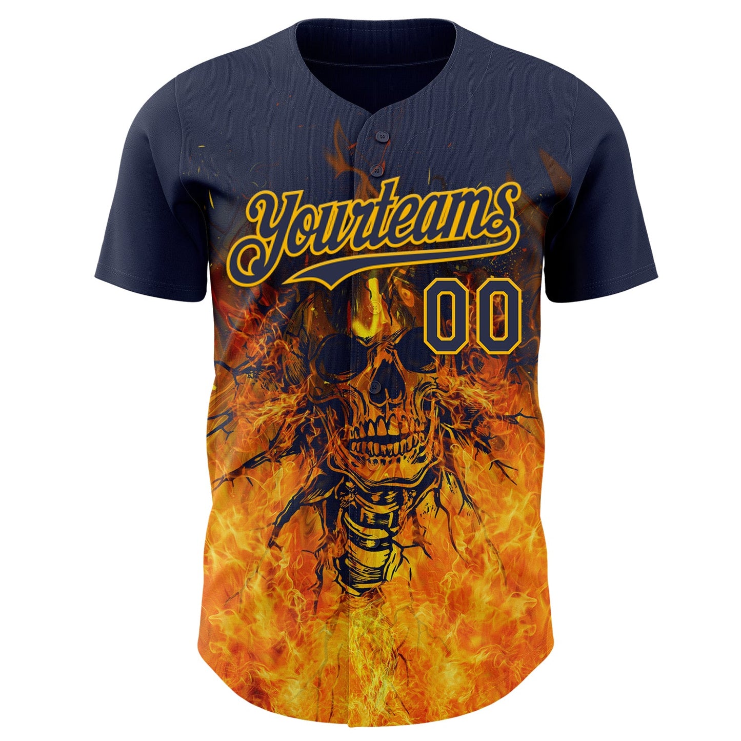 Custom Navy-Gold Flames Skull Authentic Baseball Jersey view 2