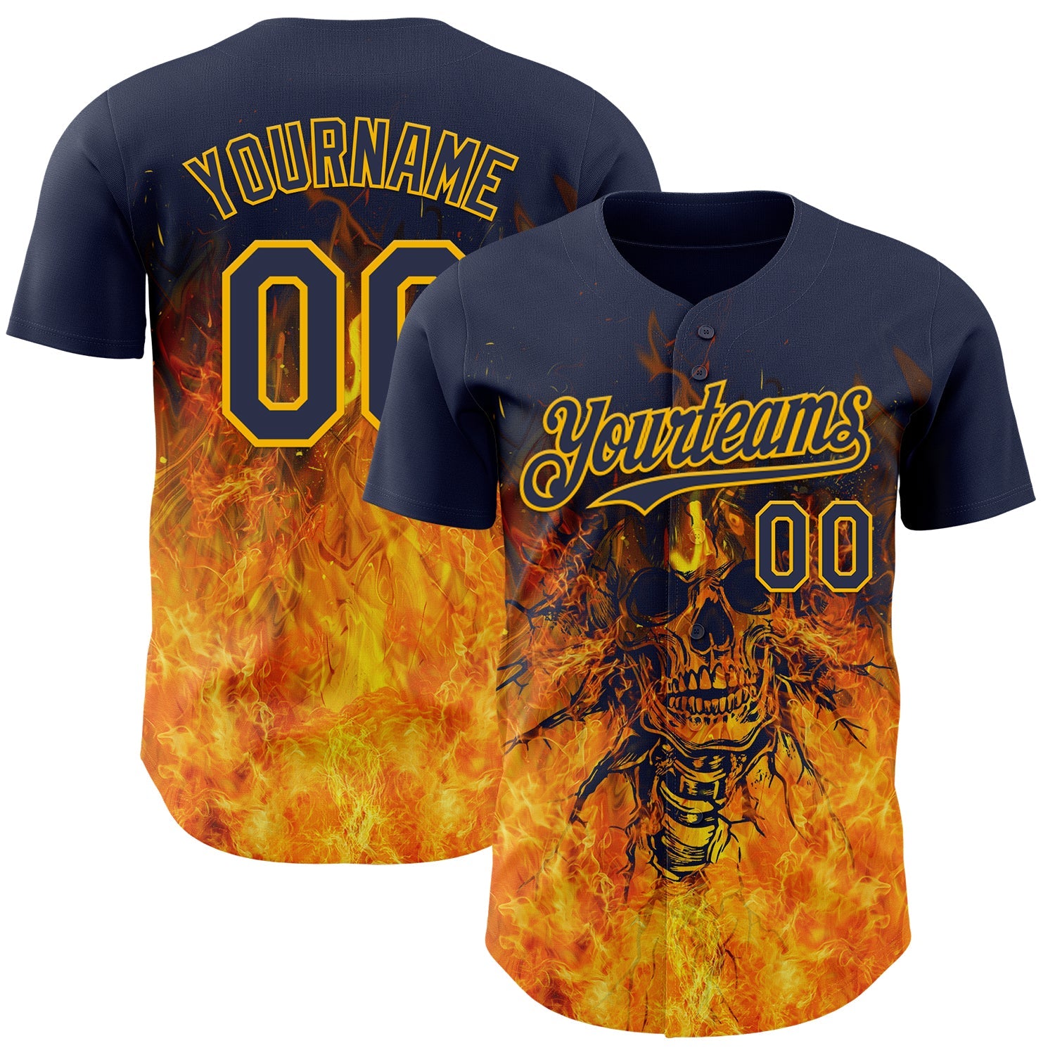 Custom Navy-Gold Flames Skull Authentic Baseball Jersey - Main View