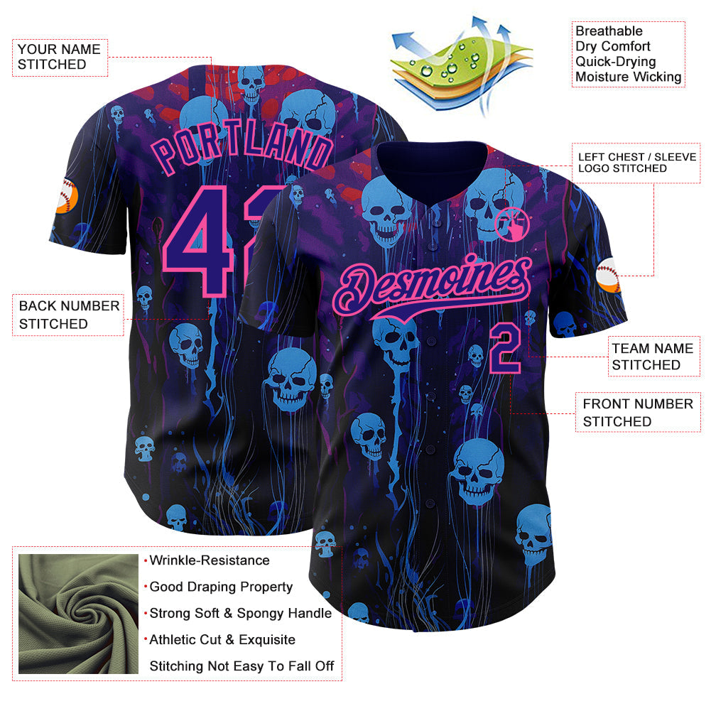 Custom Dark Purple-Pink Skull Authentic Baseball Jersey view 3