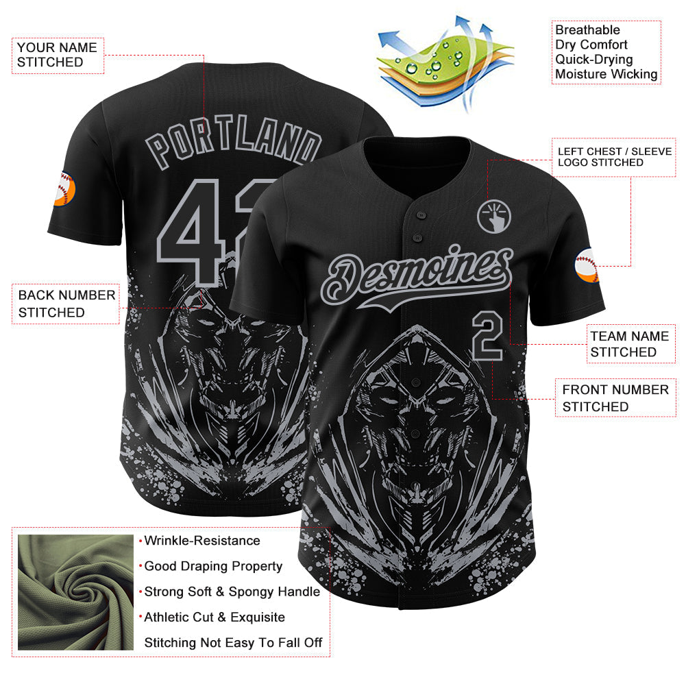 Custom Black-Gray Skull Authentic Baseball Jersey view 3