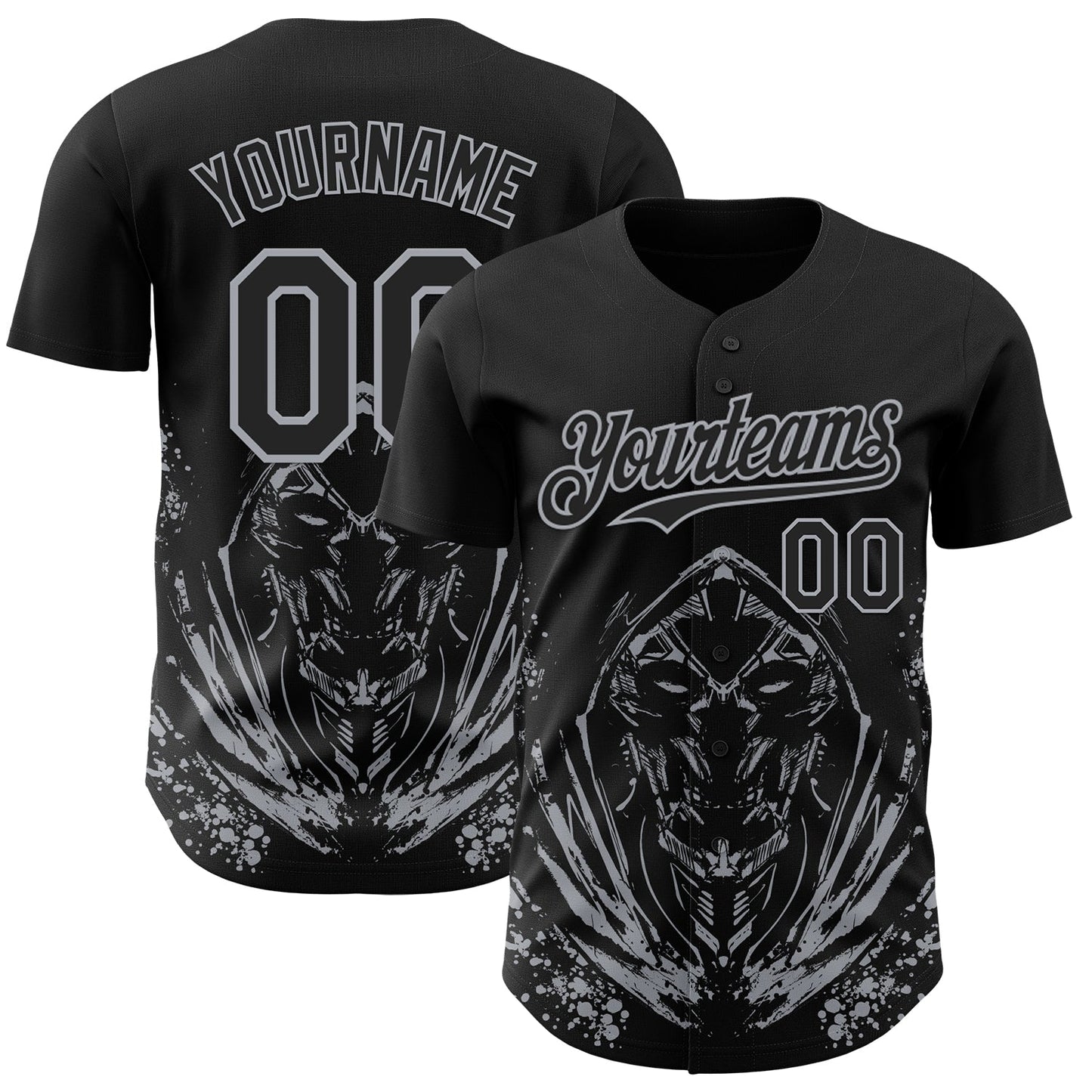 Custom Black-Gray Skull Authentic Baseball Jersey - Main View