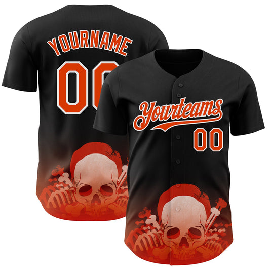 Custom Black Orange-White Skull Authentic Baseball Jersey - Main View
