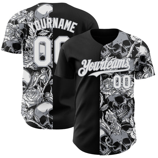 Custom Black White-Gray Skull And Rose Authentic Baseball Jersey - Main View