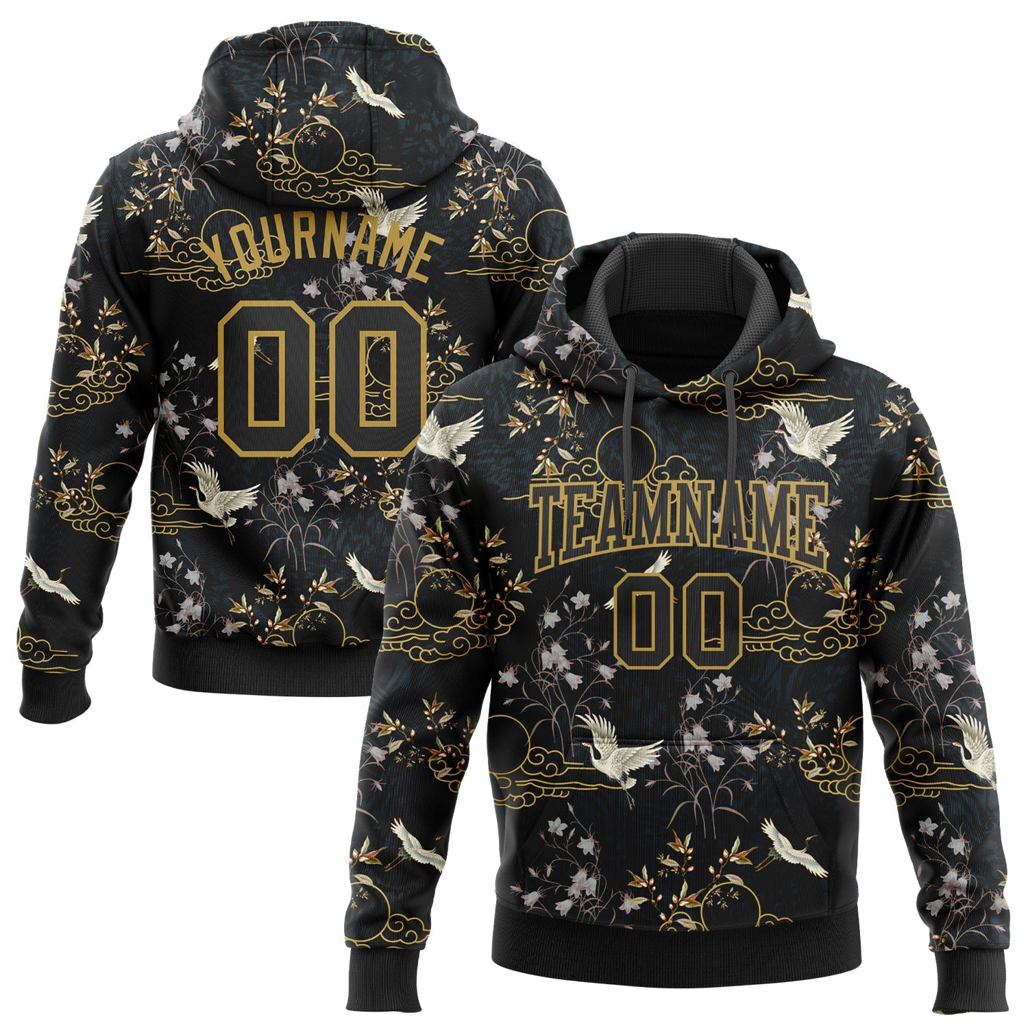 Custom Stitched Black Old Gold 3D Pattern Design Heron And Flower Sports Pullover Sweatshirt Hoodie - Main View