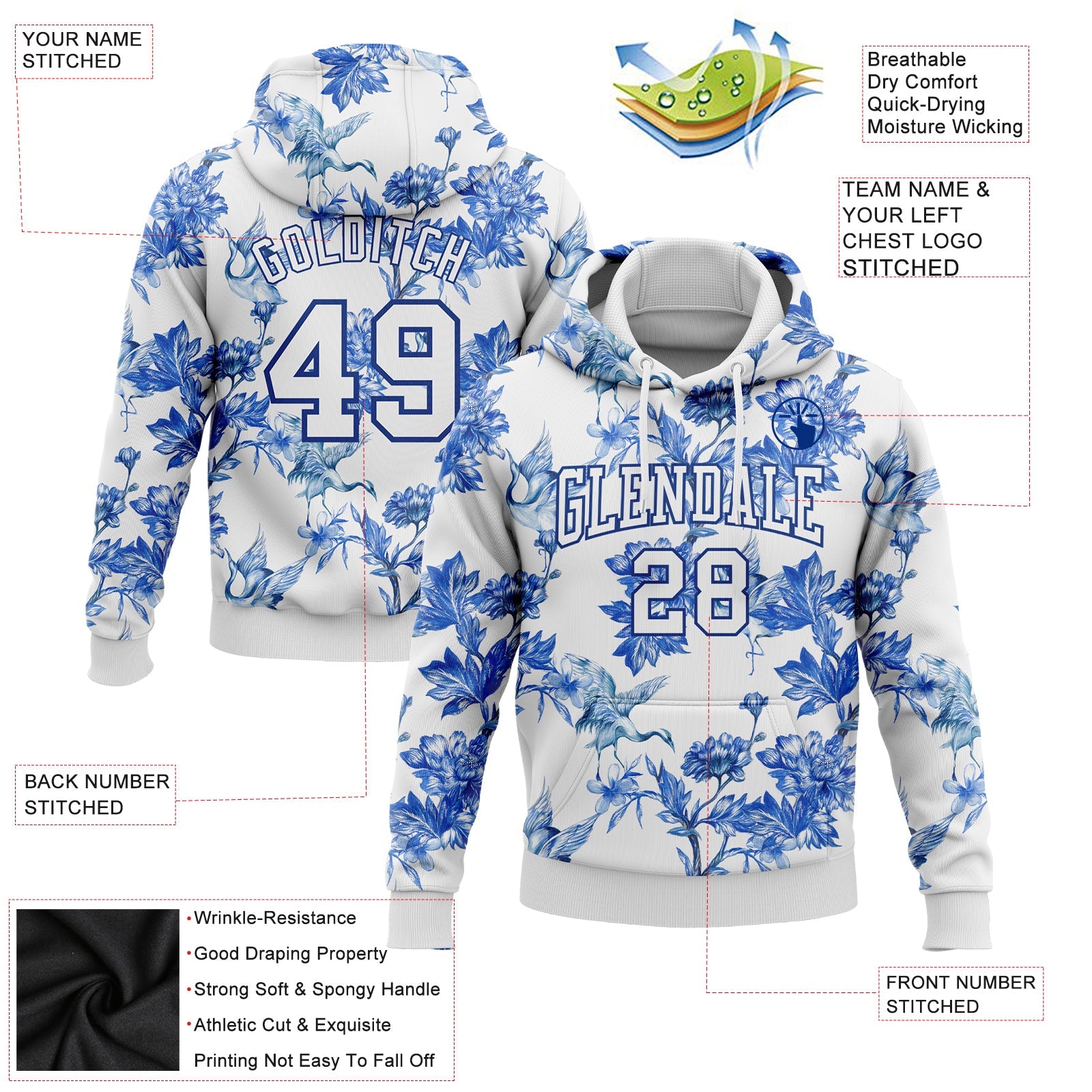 Custom Stitched White Royal 3D Pattern Design Heron And Flower Sports Pullover Sweatshirt Hoodie view 2