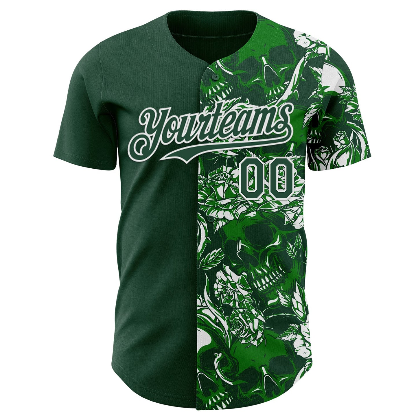 Custom Green-White Skull And Rose Authentic Baseball Jersey view 2
