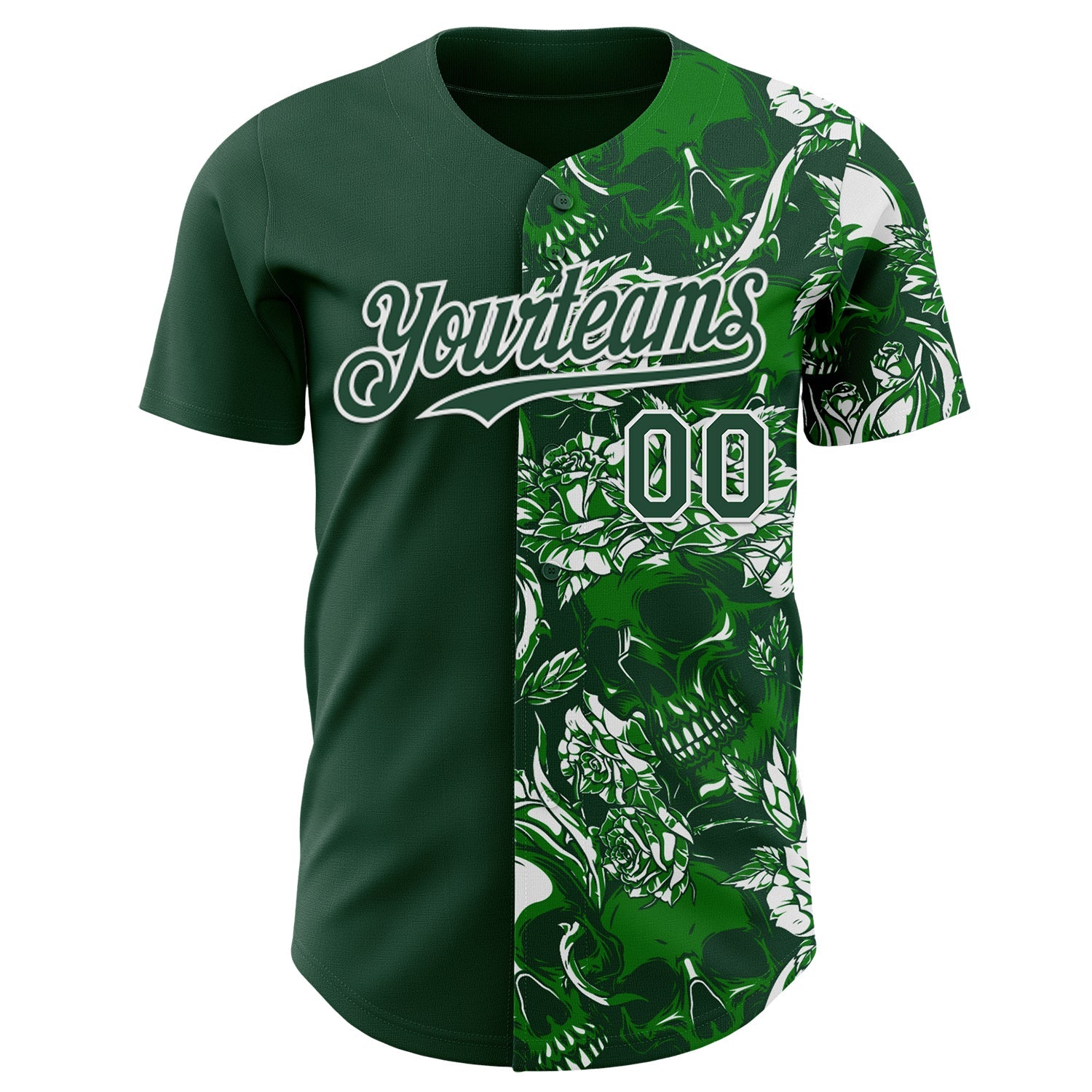 Custom Green-White Skull And Rose Authentic Baseball Jersey view 2