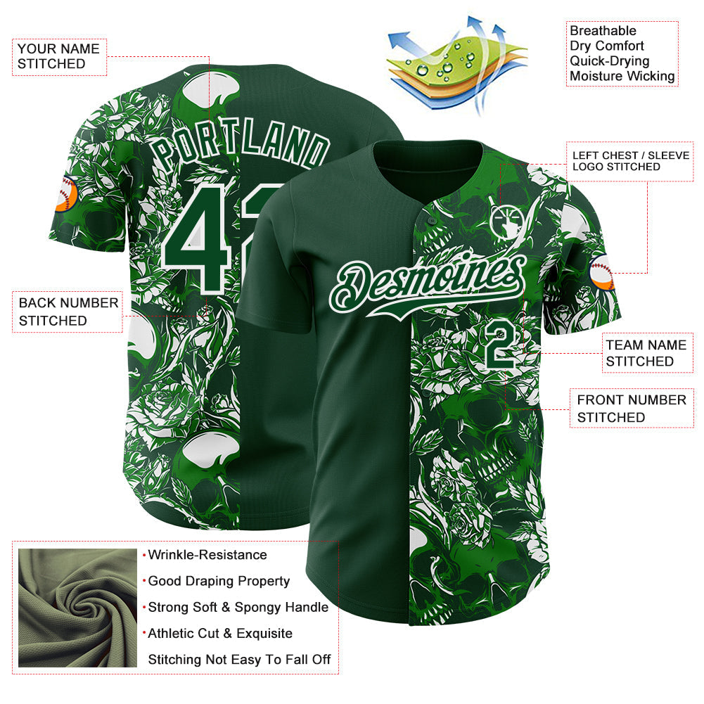 Custom Green-White Skull And Rose Authentic Baseball Jersey view 3