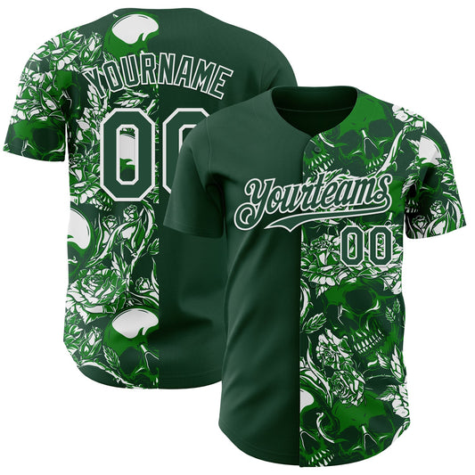 Custom Green-White Skull And Rose Authentic Baseball Jersey - Main View