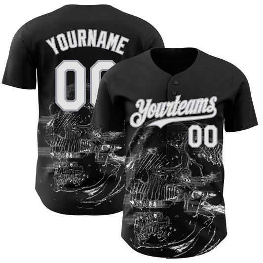 Custom Black White-Gray Skull Authentic Baseball Jersey - Main View