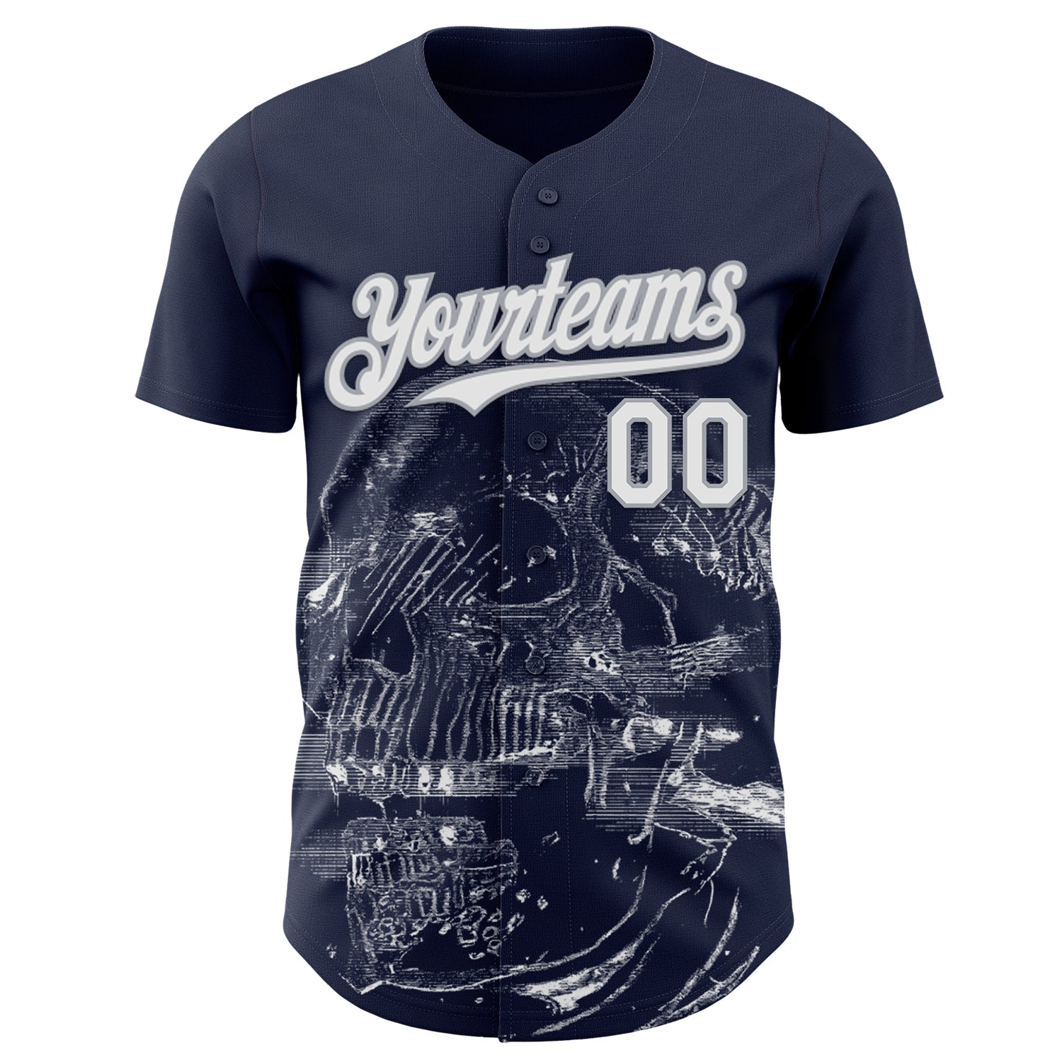 Custom Navy White-Gray Skull Authentic Baseball Jersey view 2